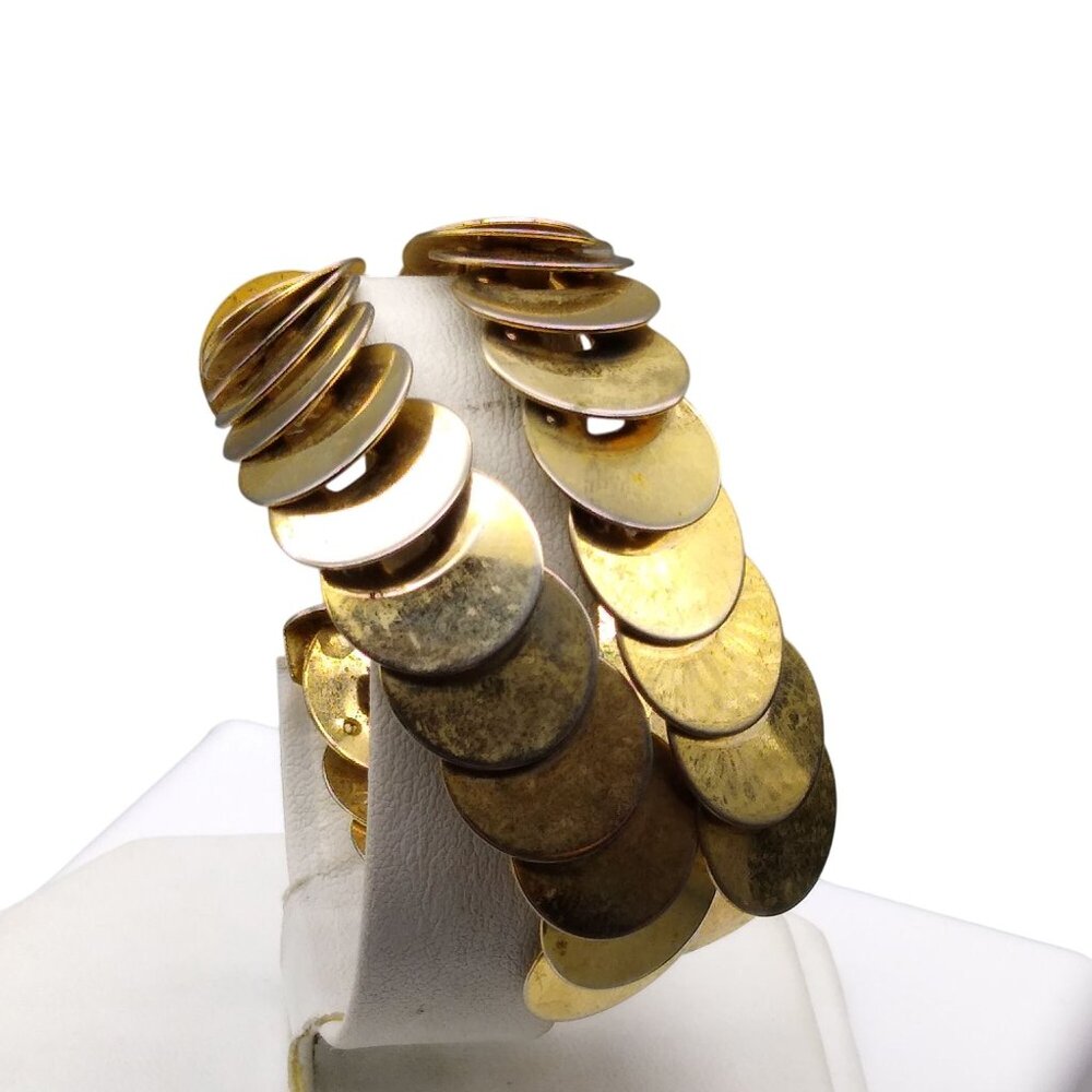 Vintage Overlapping Discs Bracelet, Double Strand Gold Tone Layered Bangle